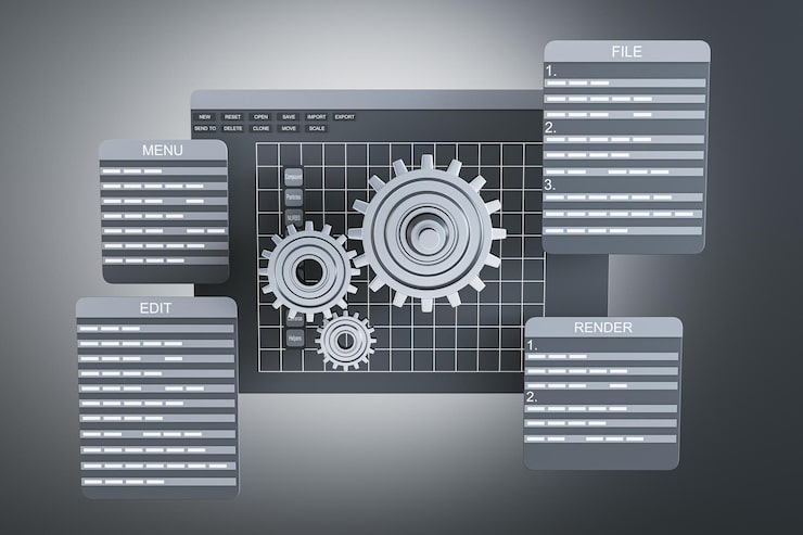 Photo software development interface with gears and menu options on grey gradient background programming concept 3d rendering