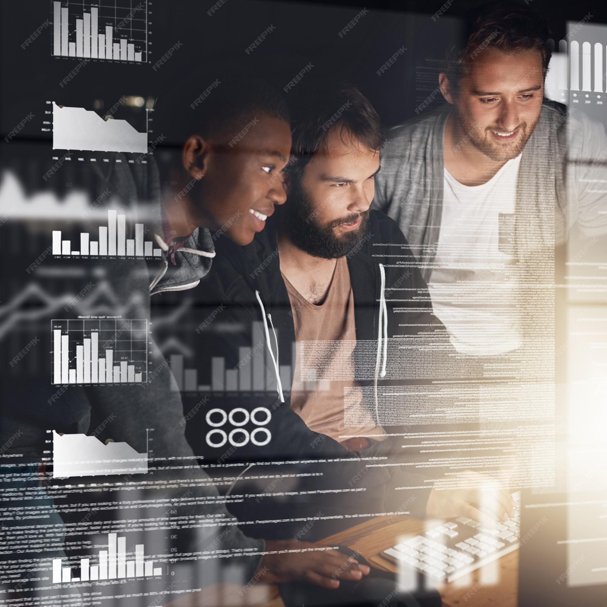 Premium Photo | Software development overlay man and team with computer ...