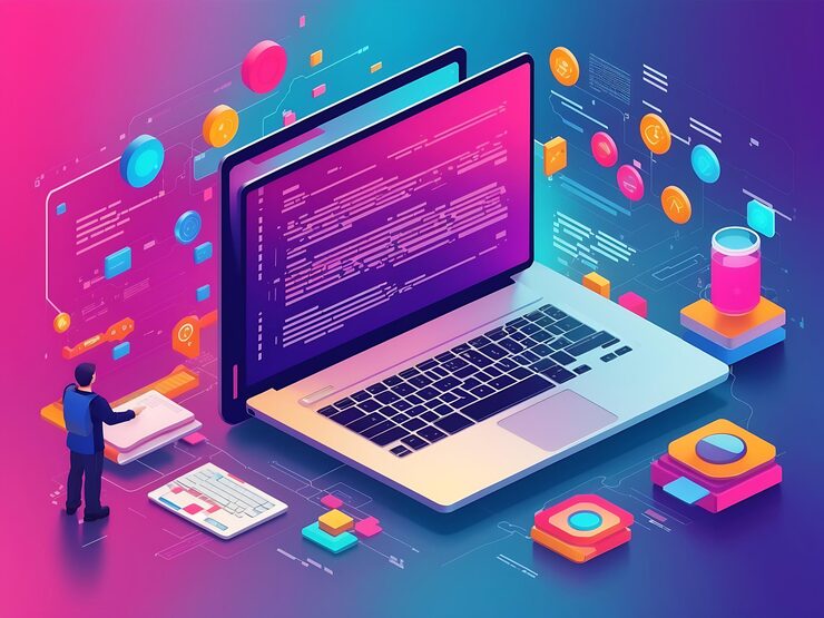 Photo software development programming coding software testing on laptop abstract program code