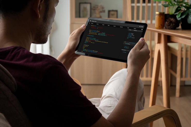 Photo software development programming on computer screen for modish application and program coding