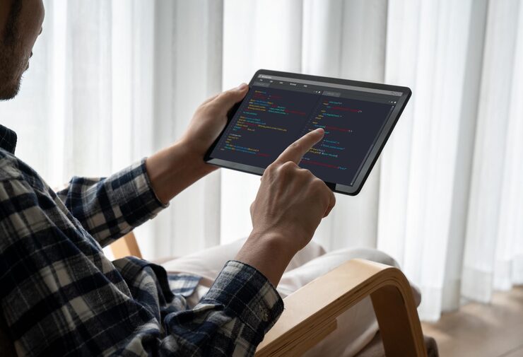 Photo software development programming on computer screen for modish application and program coding