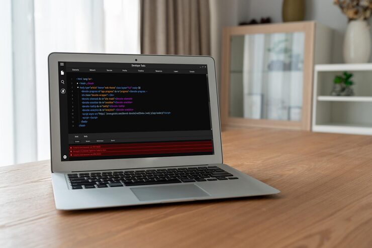 Photo software development programming on computer screen for modish application and program coding