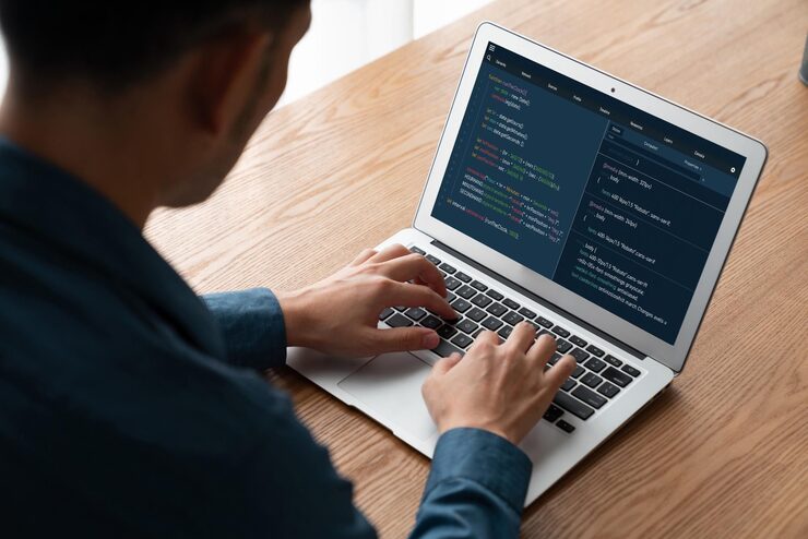 Photo software development programming on computer screen for modish application and program coding