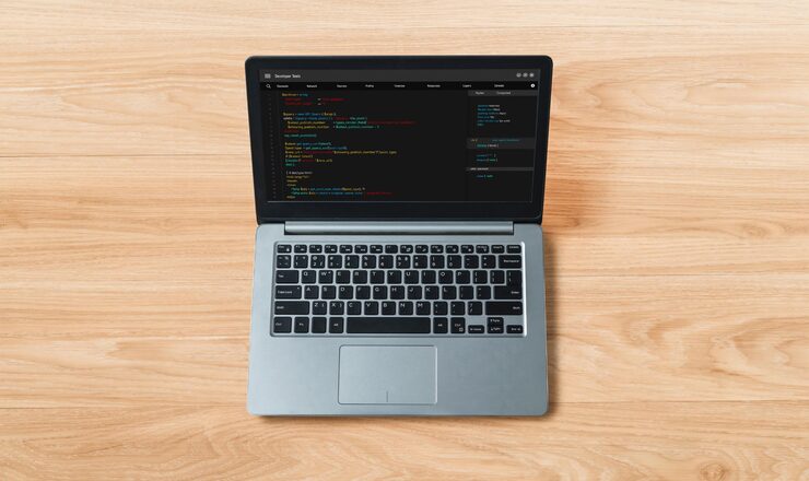 Photo software development programming on computer screen for modish application and program coding
