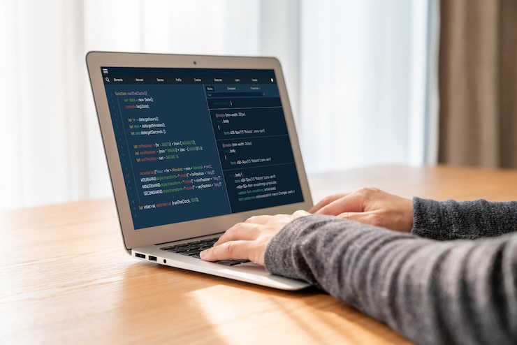 Photo software development programming on computer screen for modish application and program coding