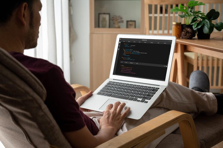 Photo software development programming on computer screen for modish application and program coding