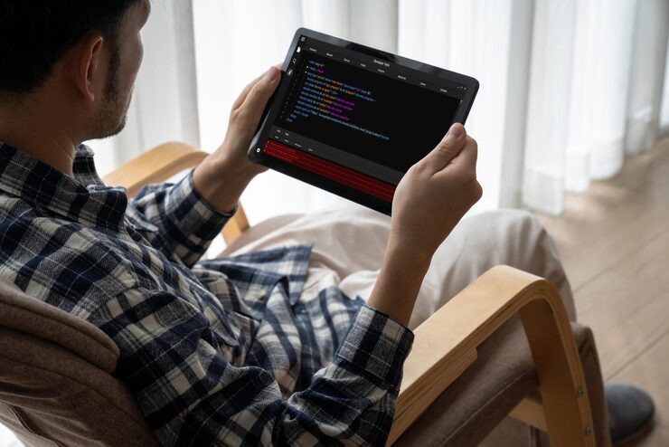 Photo software development programming on computer screen for modish application and program coding