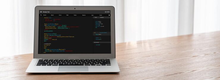 Photo software development programming on computer screen for modish application and program coding