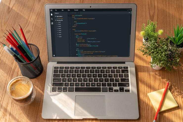 Photo software development programming on computer screen for modish application and program coding