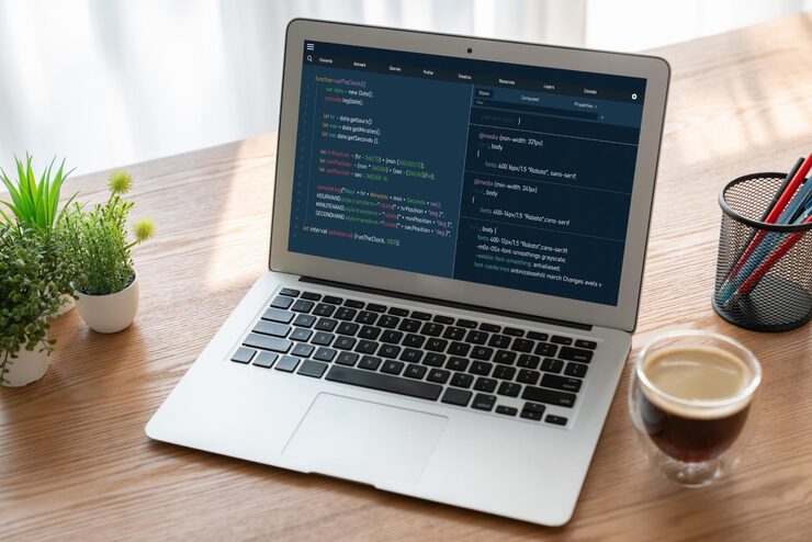Photo software development programming on computer screen for modish application and program coding