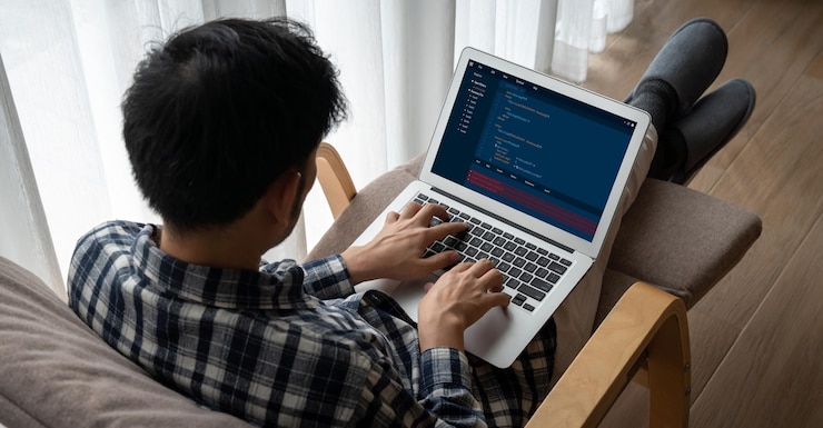 Photo software development programming on computer screen for modish application and program coding