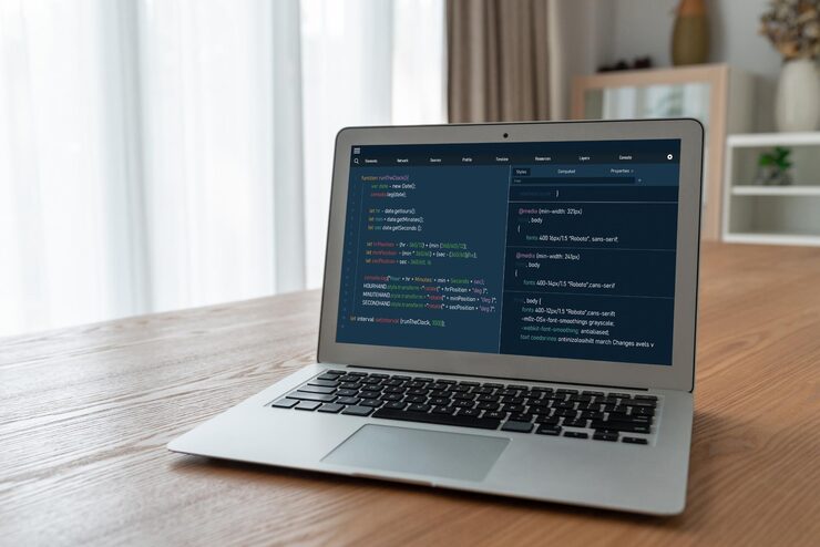 Photo software development programming on computer screen for modish application and program coding