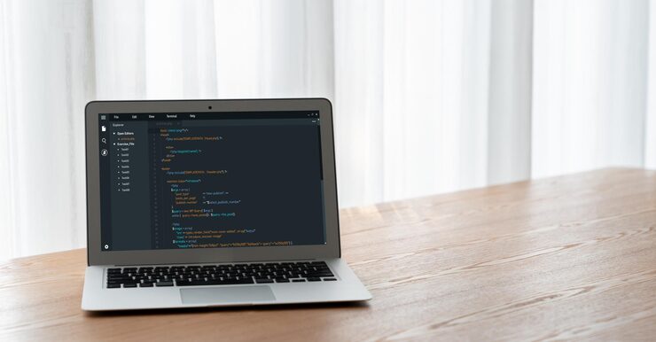 Photo software development programming on computer screen for modish application and program coding