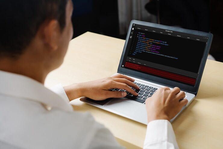 Photo software development programming on computer screen for modish application and program coding
