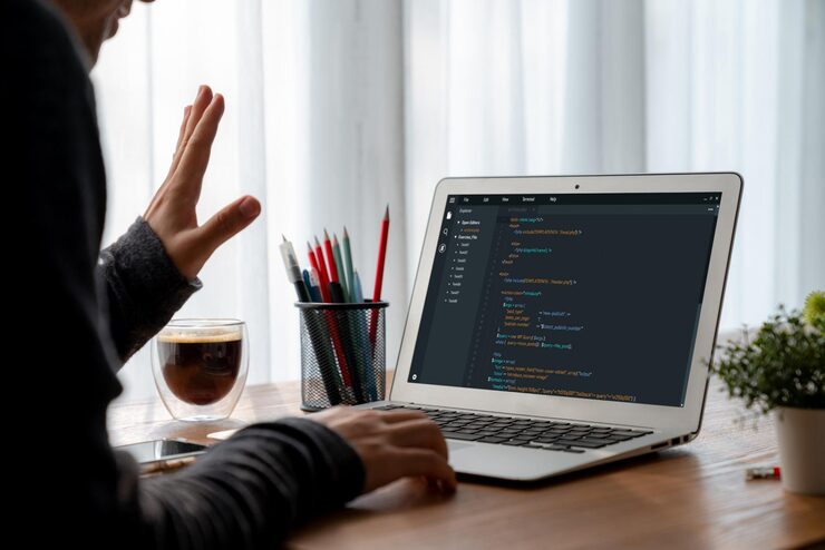 Photo software development programming on computer screen for modish application and program coding