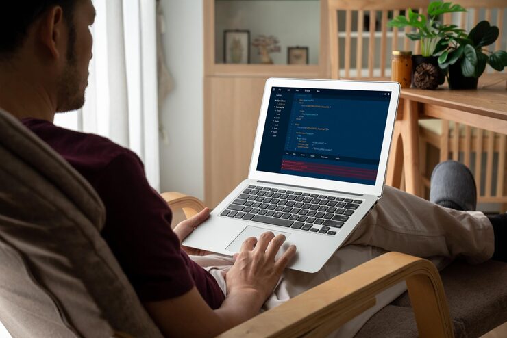 Photo software development programming on computer screen for modish application and program coding