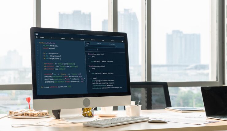 Photo software development programming on computer screen for modish application and program coding