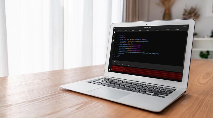 Photo software development programming on computer screen for modish application and program coding