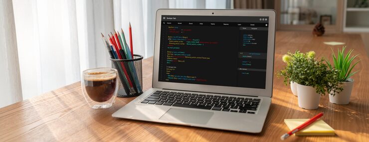 Photo software development programming on computer screen for modish application and program coding