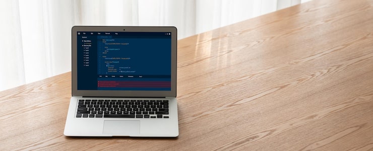 Photo software development programming on computer screen for modish application and program coding