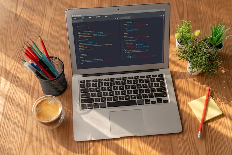 Photo software development programming on computer screen for modish application and program coding