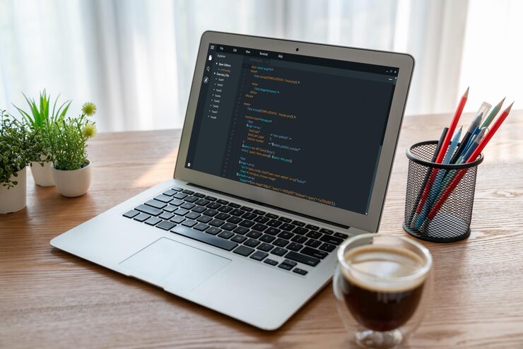 Photo software development programming on computer screen for modish application and program coding