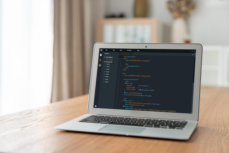 Photo software development programming on computer screen for modish application and program coding