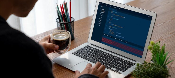 Photo software development programming on computer screen for modish application and program coding