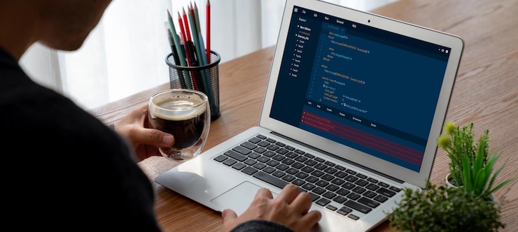 Photo software development programming on computer screen for modish application and program coding