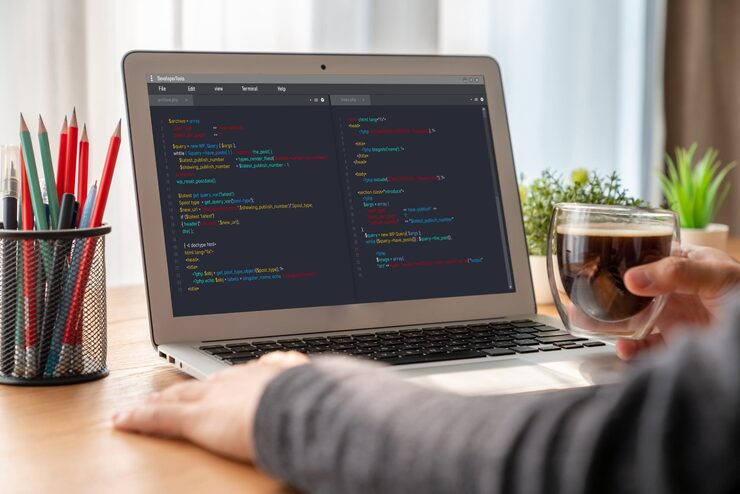 Photo software development programming on computer screen for modish application and program coding