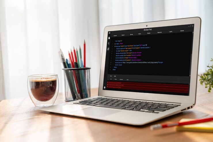 Photo software development programming on computer screen for modish application and program coding