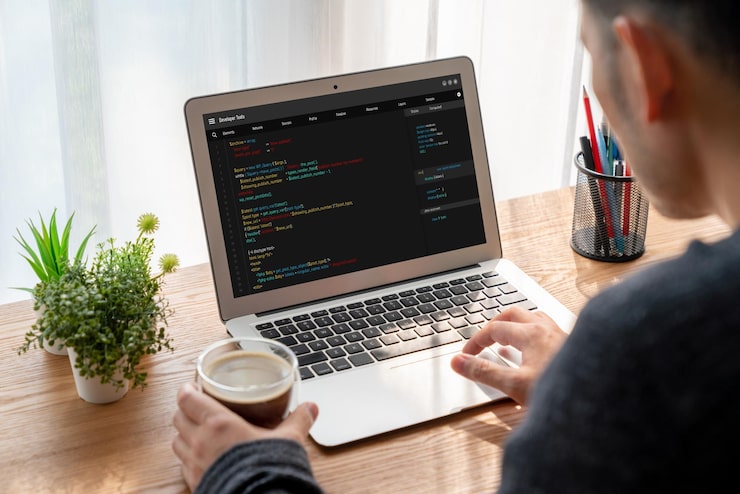 Photo software development programming on computer screen for modish application and program coding