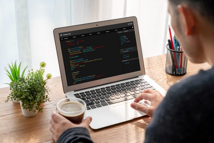 Photo software development programming on computer screen for modish application and program coding