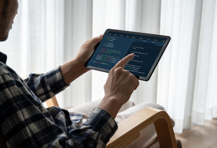Photo software development programming on computer screen for modish application and program coding