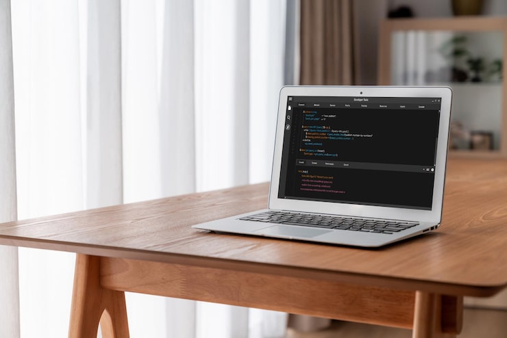 Photo software development programming on computer screen for modish application and program coding
