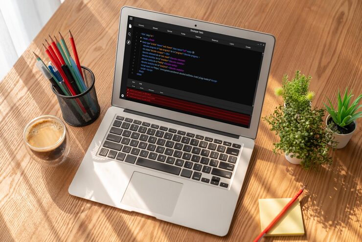 Photo software development programming on computer screen for modish application and program coding