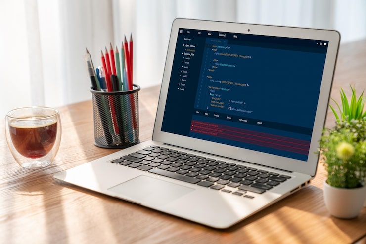 Photo software development programming on computer screen for modish application and program coding