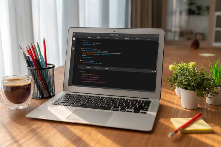 Photo software development programming on computer screen for modish application and program coding