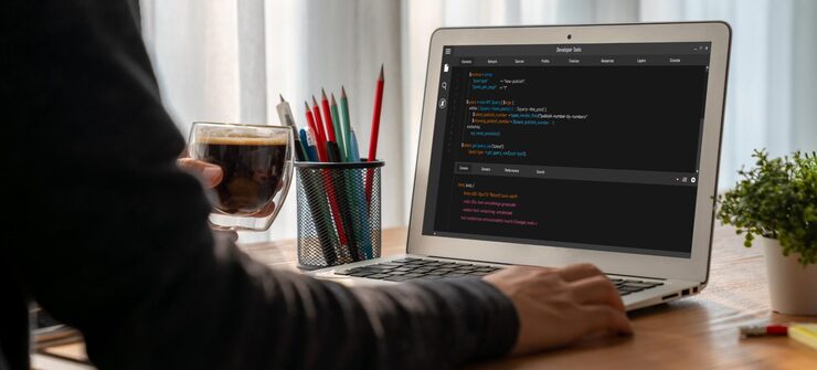 Photo software development programming on computer screen for modish application and program coding