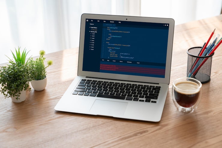 Photo software development programming on computer screen for modish application and program coding