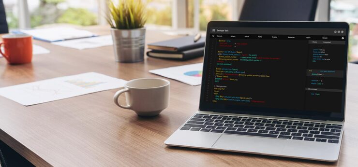 Photo software development programming on computer screen for modish application and program coding