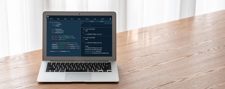 Photo software development programming on computer screen for modish application and program coding