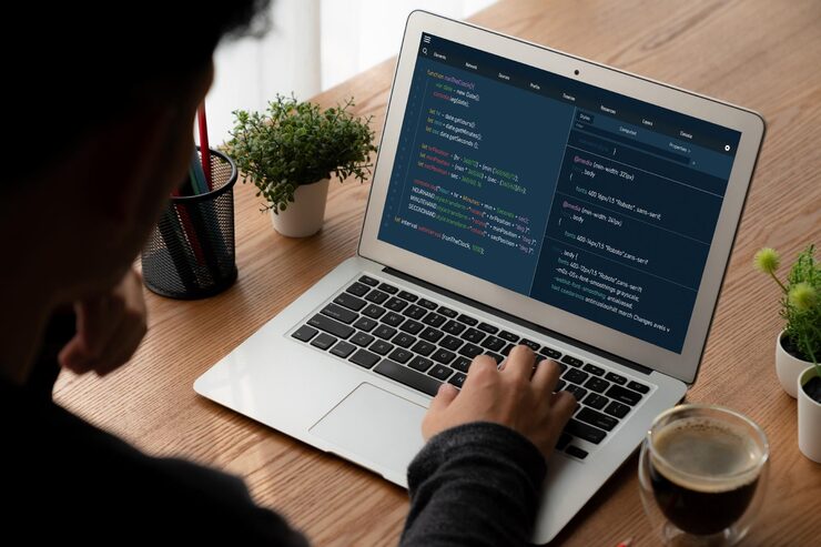 Photo software development programming on computer screen for modish application and program coding