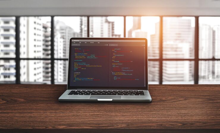 Photo software development programming on computer screen for modish application and program coding