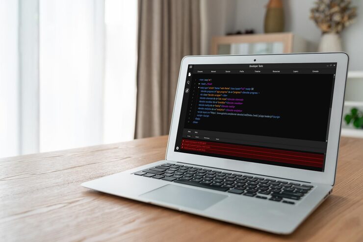 Photo software development programming on computer screen for modish application and program coding