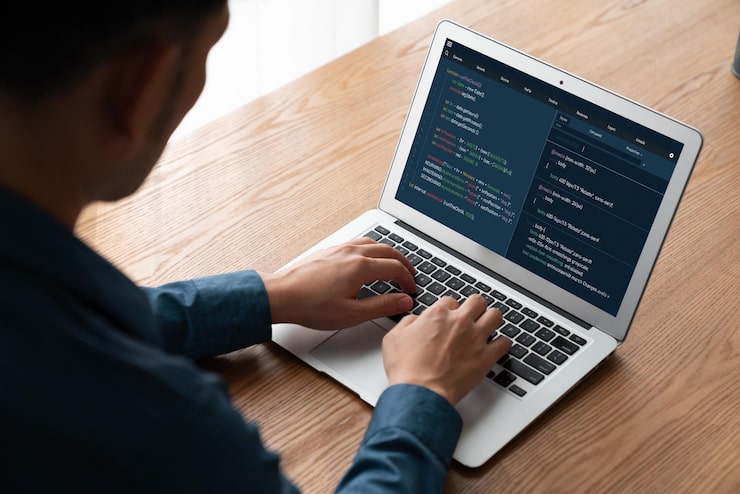 Photo software development programming on computer screen for modish application and program coding