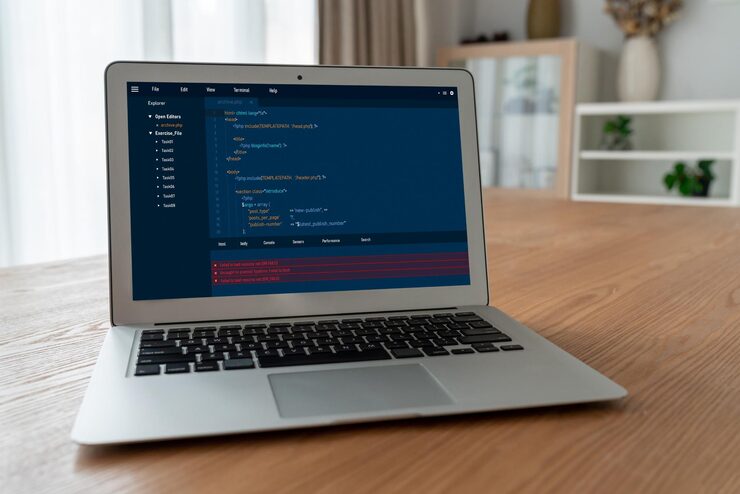 Photo software development programming on computer screen for modish application and program coding