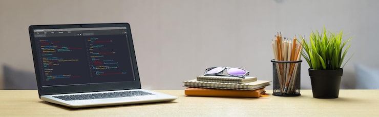 Photo software development programming on computer screen for modish application and program coding