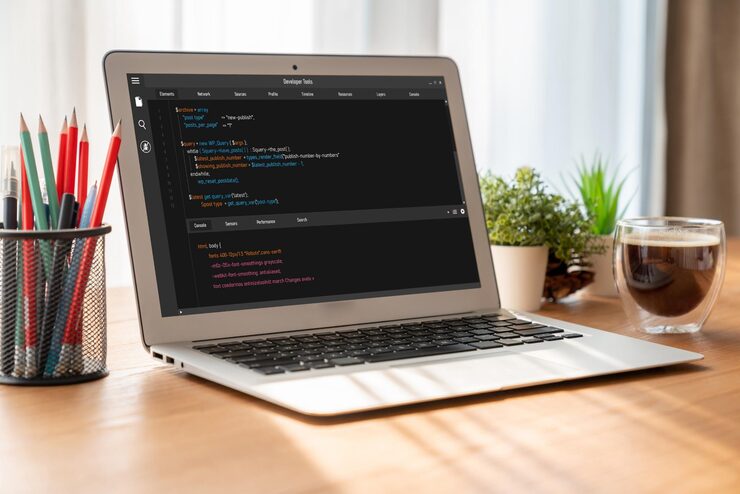 Photo software development programming on computer screen for modish application and program coding
