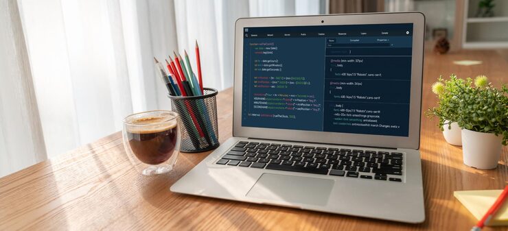 Photo software development programming on computer screen for modish application and program coding